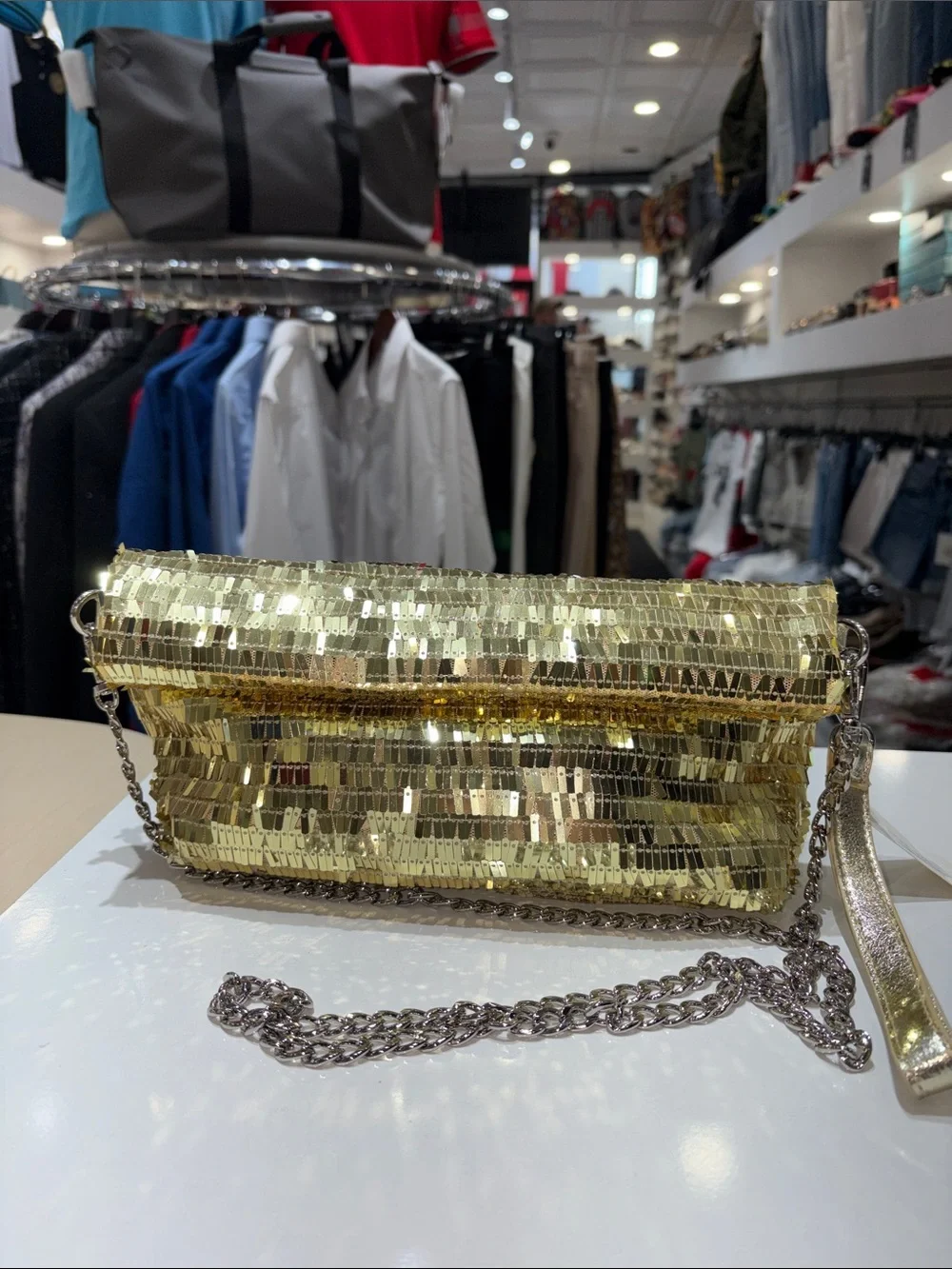 Gold Sequin Evening Clutch with Chain Strap